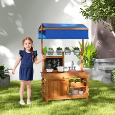 Kids Wooden Mud Kitchen Pretend Play Set with Adjustable Canopy Blackboard