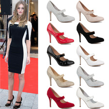 WOMENS LADIES STRAP MID HEEL CASUAL SMART WORK  PARTY PUMP COURT SHOES SIZE 3-8