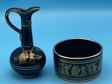 Vintage Olive Bowl Oil Vinegar Jug Set Black 24k Gold Hand Made Greece