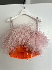 Self-Portrait Orange Crop Top with Removable Feather Trim – NEW with tissue wrap