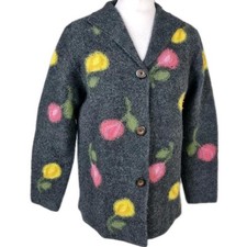 Boho Felted Wool Cardigan Jacket Grey Floral Artsy Lagenlook Style Women’s S
