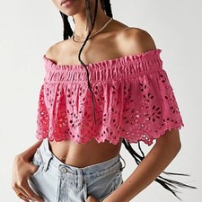 NEW Free People One Perla Eyelet Lace Off Shoulder Pink/Rose Crop Top Size S $88