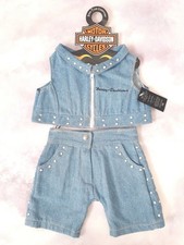 Build A Bear, Blue Denim Harley Davidson Top, Jeans & Coat Hanger,  BNWT. B 476