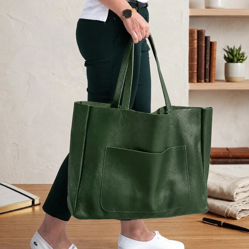 Large green leather - tote, bag