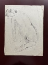 Antique Vintage Academic female Nude Figure Study – Pencil on Paper – Signed 