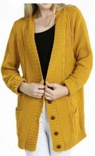 New Ladies Chunky Cable Knit Buttoned Granddad Cardigan  Long Sleeves Pockets