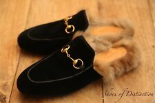 Gucci Princetown Black Velvet Backless Fur Lined Loafers Shoes Ladies UK 3 US 6