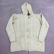 Vintage Knitted Hoodie Cable Knit Patterned Chunky Zip Up Sweater, 100% Merino