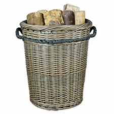 Antique Wash Round Tall Wicker Log Basket Rope Handles Woven Storage Lined