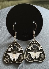 Enamel Silver Plated Hook Earrings Handmade Ouija Board Planchette Gothic Gift