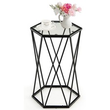 Glass Coffee Table Hexagonal Metal Frame Sofa Side Table Modern Narrow End Table
