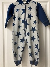 CHEAP POSTAGE ? H & M Blue & Grey Star Hooded One Piece Outfit Boys 9-12 Months