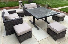 8-Seater Rattan Garden Dining Set, Table, Sofas, Stools, Cushions, Parasol