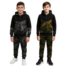 Kids Boys Camouflage Tracksuit Hooded Top Bottom Zip Track Hoodi Jog Suit 5-14