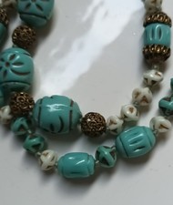 Vintage Czech Carved Bead Necklace in Turquoise & Ivory with Filigree Accents 