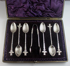 Antique Set of Six Silver Plated Scottish Thistle Spoons & Tongs  in Fitted  Box