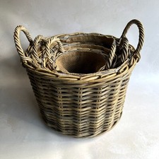 Log Kindling Baskets, Rattan Wicker with Handles, Hessian Lined Strong Natural