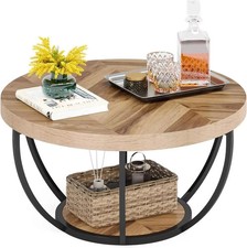 Wooden Round Coffee Table, Rustic 2-Tier Wooden Center Table w/ Storage Shelves