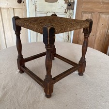 Vintage Wooden Woven Rush Seagrass String Footstool, Stool