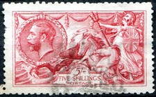 (166)  GOOD LIGHTLY USED 1915 SG409 GV 5/- BRIGHT CARMINE SEAHORSE