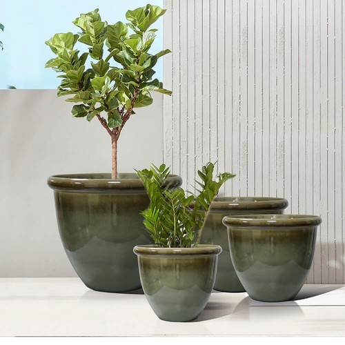 Pot planter glazed olive green - planter,