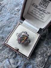 Sterling 925 Silver Moss Agate & Marcasite Art Deco Ring Antique c1930 Size N 