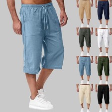 Mens Cotton Linen Shorts Elasticated Waist 3/4 Length Cargo Capri Cropped Pants
