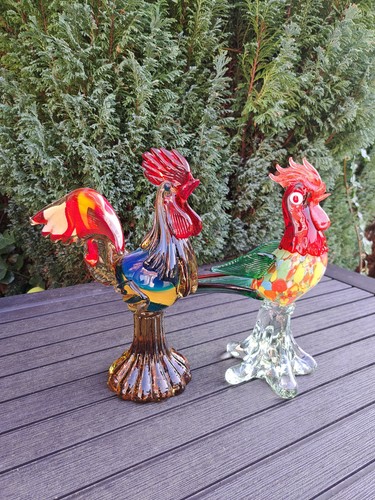 Pair blown glass cockerel - blown,