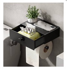 Black Toilet Roll Holder with Shelf, Drawer & Wipes Dispenser — Modern, Large