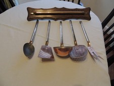 EXCELLENT Vintage French SET 5 COPPER UTENSILS Brass Handles and Hanging Rack
