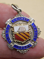 Antique / Vintage Sterling Silver & Enamel Fob Medal Albert Chain Cricket League
