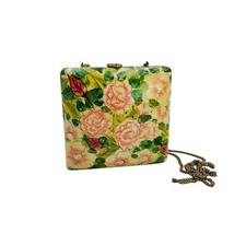 VTG Pink Green Floral Lacquer Square Wooden Shoulder 5x5 Purse Paper Mache