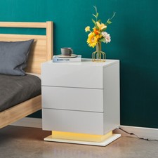 White High Gloss Bedside Table Cabinets  Nightstand LED Light Chest of 3 Drawers
