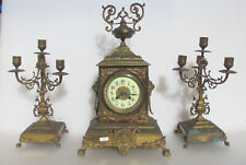 Antique Brass Garniture Mantle Clock Set Candelabra's Lion Handles Rococo Old