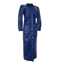 Zara Navy Blue Faux Leather Midi Shirt Dress with Ruched Size SX 