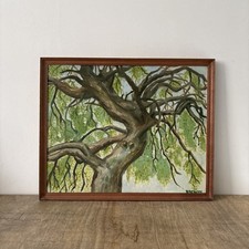 Rustic Large Acrylic on Board Gnarled Tree Leaves Painting Signed Brewin Framed