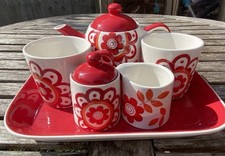 New & Boxed Whittard of Chelsea Red Floral Tea for Two Set - Teapot, Mugs, Tray…