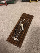 Vintage 1960S German Wood Press Wall Plaque With Brass Heron / crane Bird By MCM