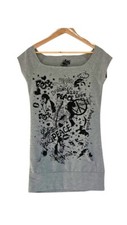 Punky Fish Women's Grey Love Peace Graphic Print Square-Neck Blouse Top Size M/L