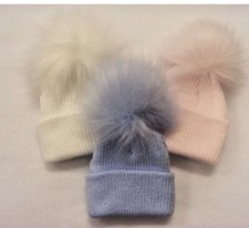 BABY FUR BOBBLE HAT KNITTED POM POM WHITE PINK BLUE RIBBED WINTER HATS 6-15 M
