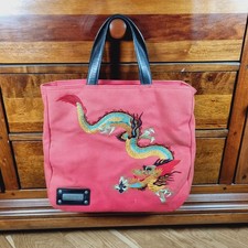 Patrick Cox Canvas Tote Bag Coral Pink Dragon Embroidery Y2K Vintage 