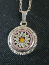 Vintage Italian Glass Micro Mosaic Flower Pendant On 925 Silver Chain Pendant Pl