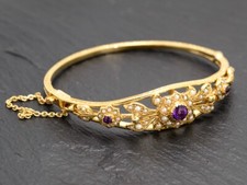 Vintage 9 carat Yellow Gold Seed Pearl & Amethyst Belle Epoque Bangle/Bracelet
