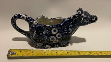 A staffs cow creamer blue & white calico cream or milk jug vtg burleighware type