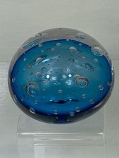 Vintage Art Glass Paperweight Aqua Blue Controlled Multi Bubbles Signed E Roman