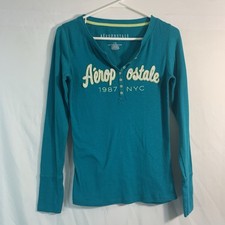 Aeropostale Womens Y2K Henley Top Lg Teal  Stretch Preppy Waffle Knit 90s