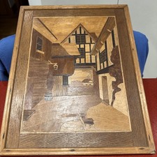 Vintage Inlaid Wood Marquetry Picture SWISS CHALET Scene Picture quite old-rare