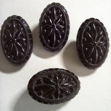 Vintage Black Glass La Mode Oval Buttons Pressed Star Flower Moulded Shank 25mm