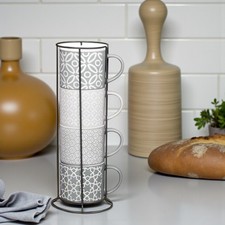 4Pack Jumbo Embossed Stacking Mugs Rack Hold / Geometric Embossed Stacking Bowls