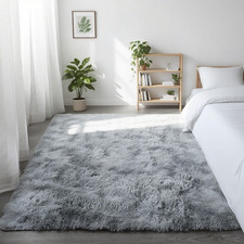 Grey Shaggy Rug – Soft Long Pile Carpet for Living Room & Bedroom, Non-Slip Ma